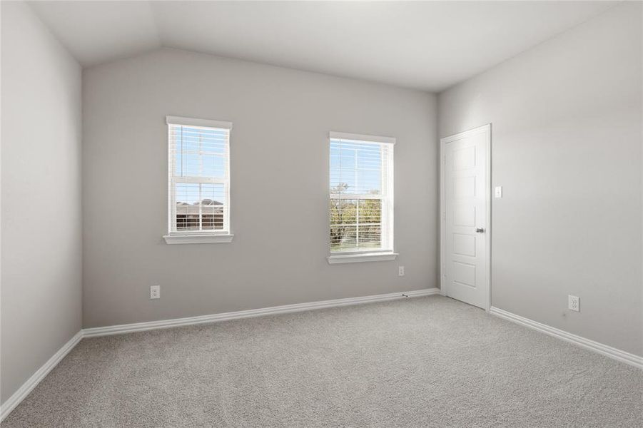 Carpeted room featuring two windows with horizontal blinds, a paneled door, and neutral-toned walls