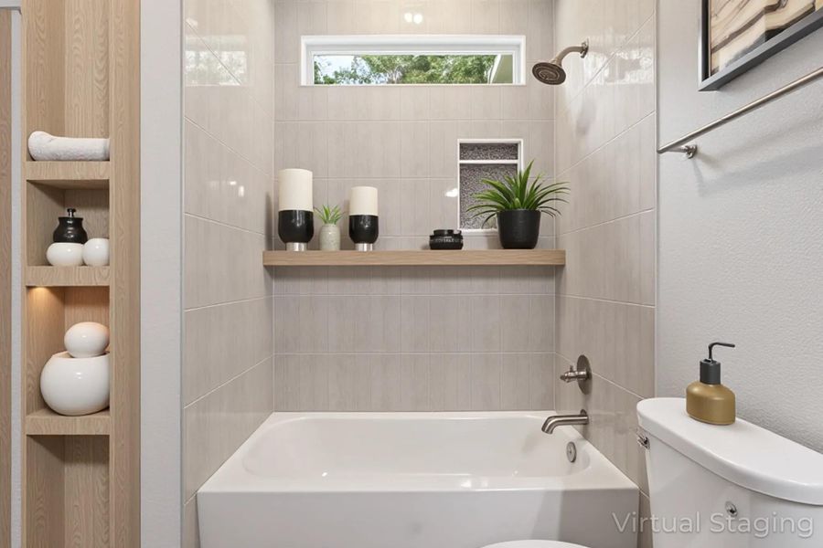Full bath with shower / bath combination and beautiful lights. Virtually staged.