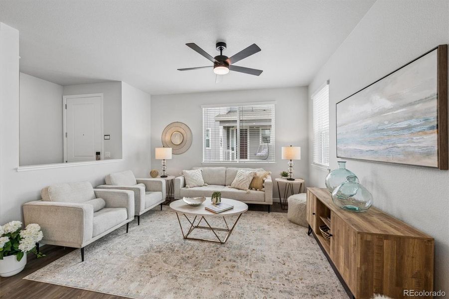 Spacious room, walls of windows, light and bright