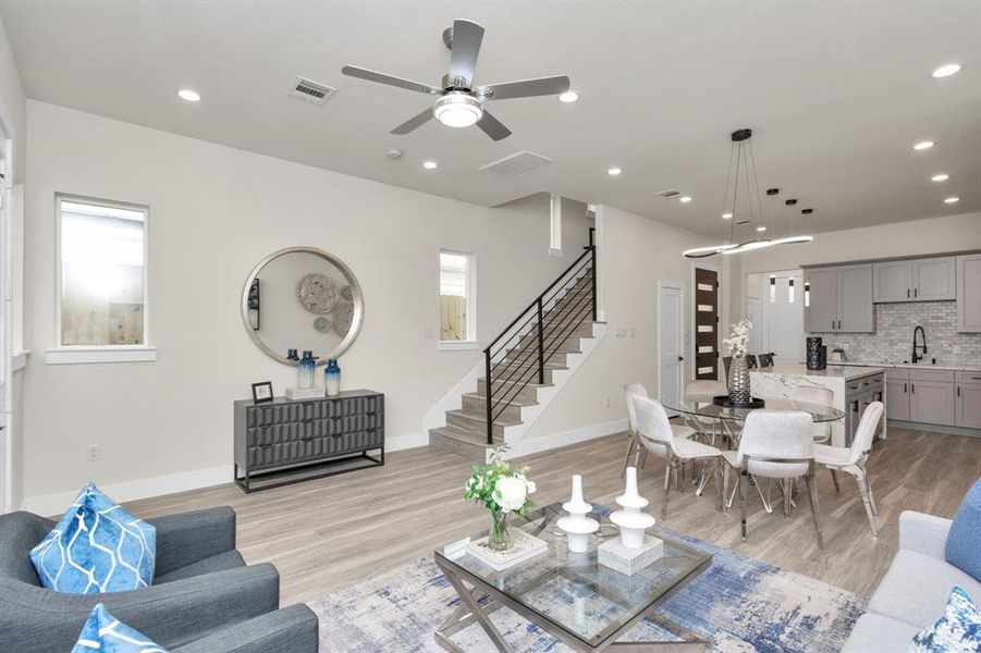 Kitchen and living room and dinning view.