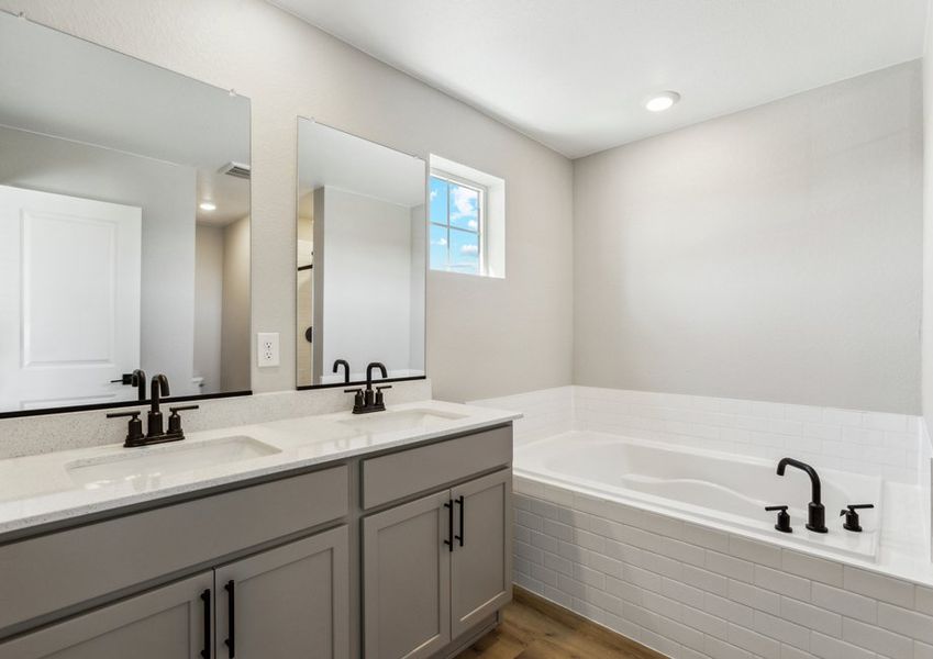 The master bathroom has a large vanity.