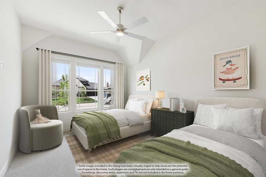 Children's bedroom with vaulted ceiling, ceiling fan, two beds, and large window with neighborhood view Children's bedroom with vaulted ceiling, ceiling fan, two beds, and large window with neighborhood view