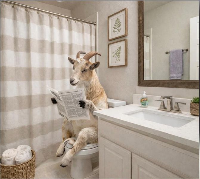 And apparently… it’s also a great place to catch up on the morning news. ?? The previous owner clearly felt right at home—proof that even a goat could get comfortable in this bathroom. Don’t worry though, the current occupants have moved on and left the space ready for its next owners! (Staged) And apparently… it’s also a great place to catch up on the morning news. ?? The previous owner clearly felt right at home—proof that even a goat could get comfortable in this bathroom. Don’t worry though, the current occupants have moved on and left the space ready for its next owners! (Staged)