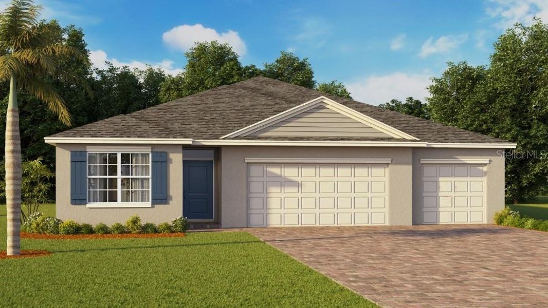 Front exterior of a new home in Cove at West Port - Express, Port Charlotte, FL, highlighting curb appeal (Image 1).