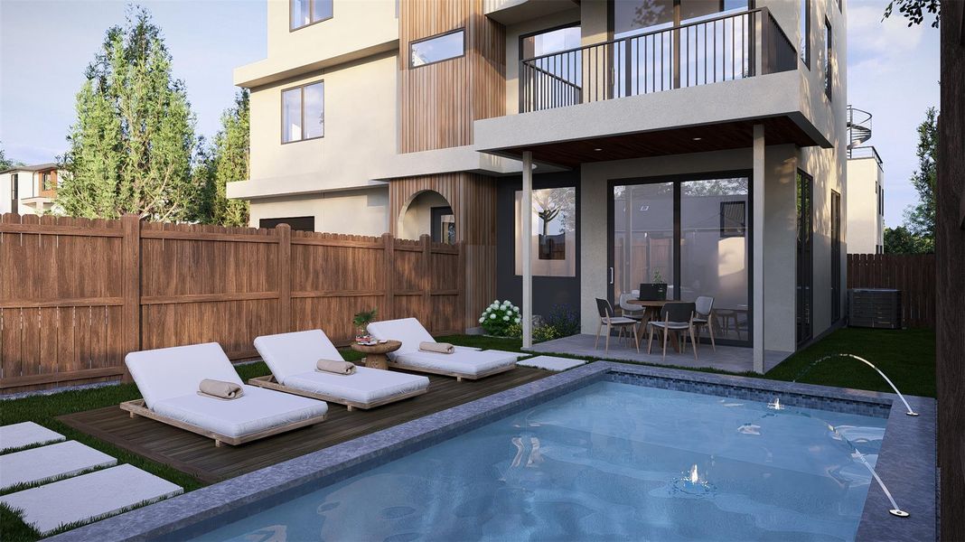 A private swimming pool with sun loungers provides a refreshing oasis behind this modern home. A private swimming pool with sun loungers provides a refreshing oasis behind this modern home.
