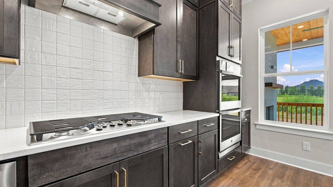 Stove and kitchen cabinets featuring window with backyard view.