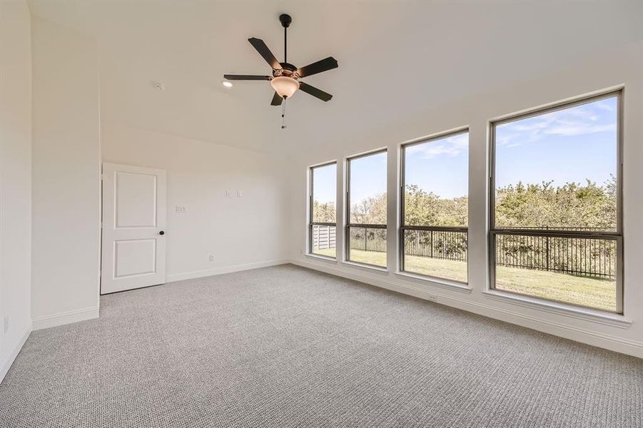 Unfurnished room with carpet and ceiling fan