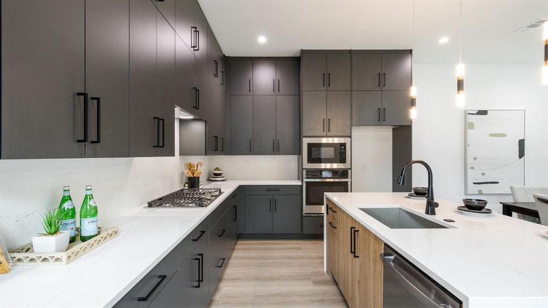 Kitchen featuring stainless steel appliances, backsplash, a center island with sink, light wood-type flooring, and sink