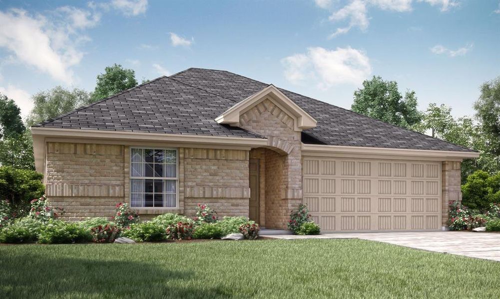 View of front facade featuring a garage and a front lawn