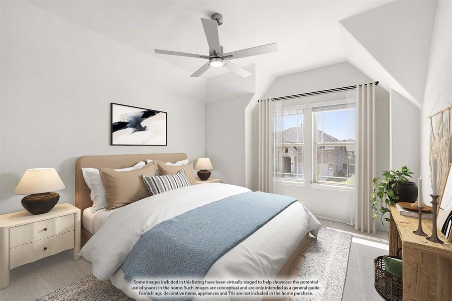 Bedroom with vaulted ceiling, ceiling fan, large window, and neutral carpet flooring