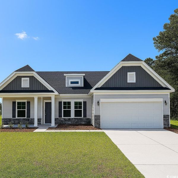Craftsman-style home with stone siding, driveway, a front lawn, a shingled roof, and a garage