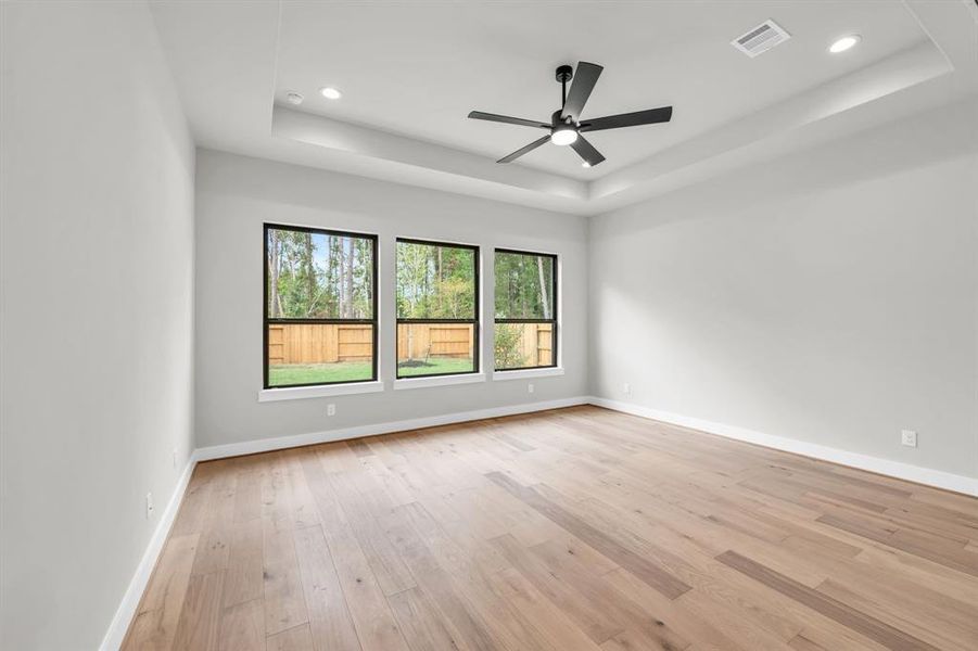 Primary bedroom with a trayed ceiling.