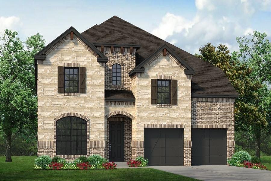 Front exterior of a new home in Timberbrook, Justin, TX, highlighting curb appeal (Image 1).