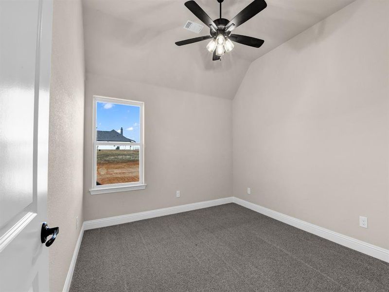 Empty room featuring lofted ceiling, dark carpet, and ceiling fan