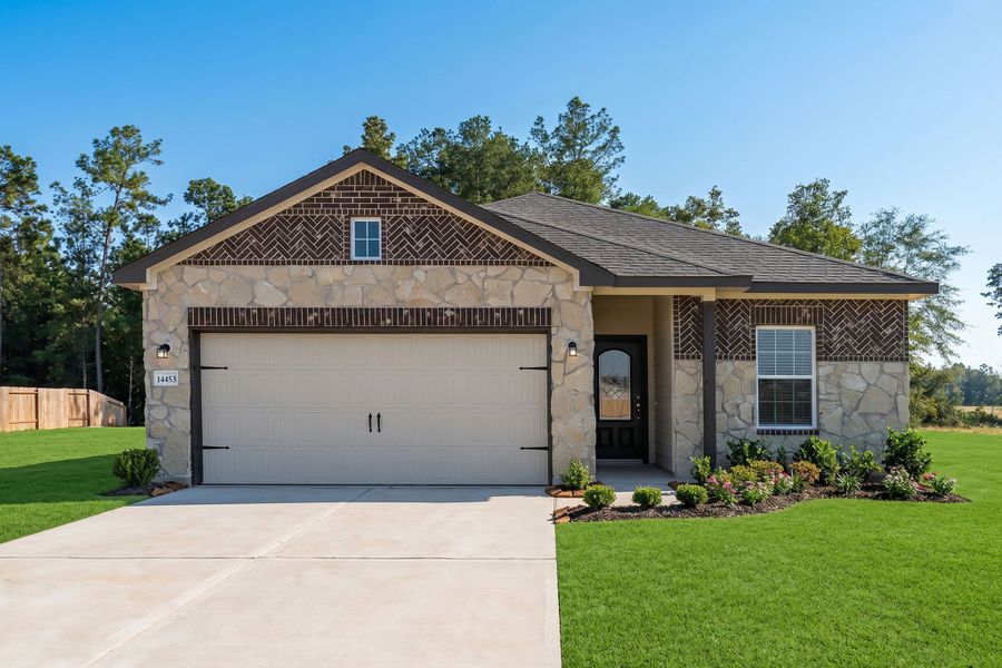 Front exterior of a new home in Caney Mills, Conroe, TX, highlighting curb appeal (Image 1). Front exterior of a new home in Caney Mills, Conroe, TX, highlighting curb appeal (Image 1).