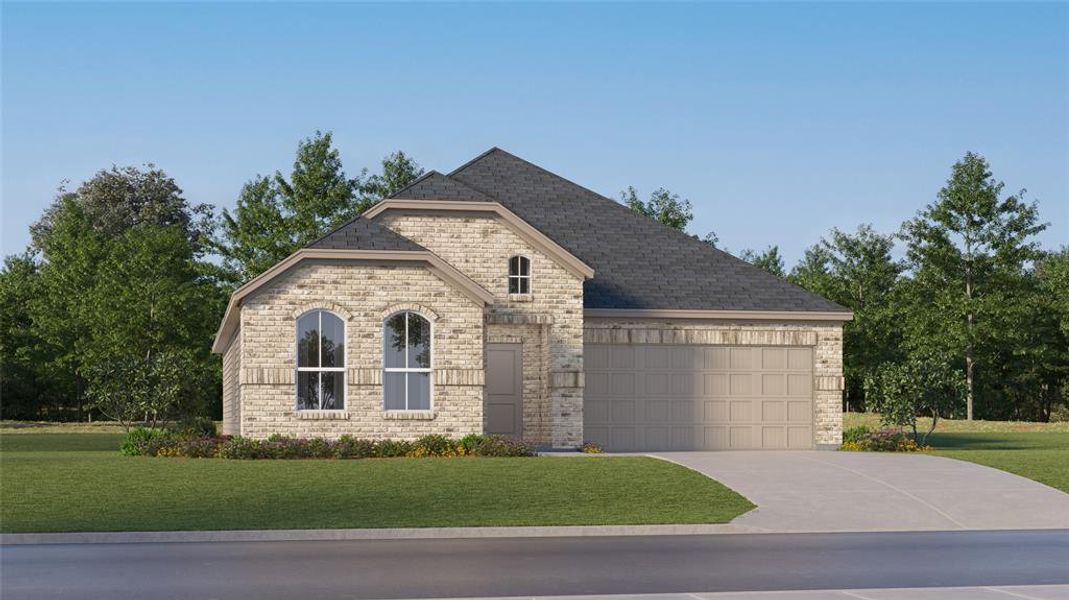 French country style house featuring a front yard and a garage