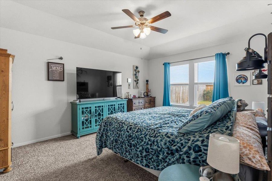 Carpeted bedroom with ceiling fan and lofted ceiling