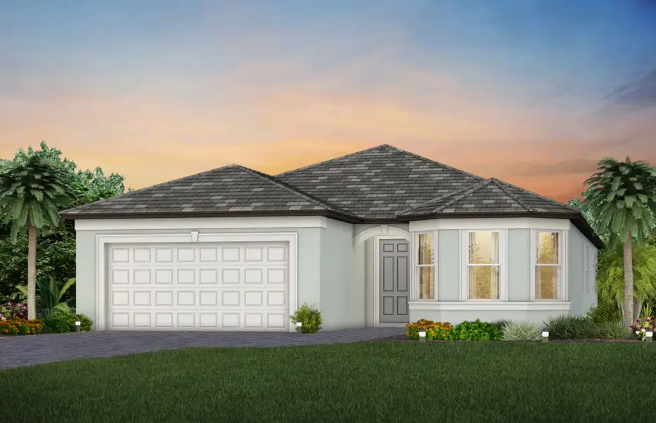 Front exterior of a new home in Longmeadow at North River Ranch, Parrish, FL, highlighting curb appeal (Image 1). Front exterior of a new home in Longmeadow at North River Ranch, Parrish, FL, highlighting curb appeal (Image 1).