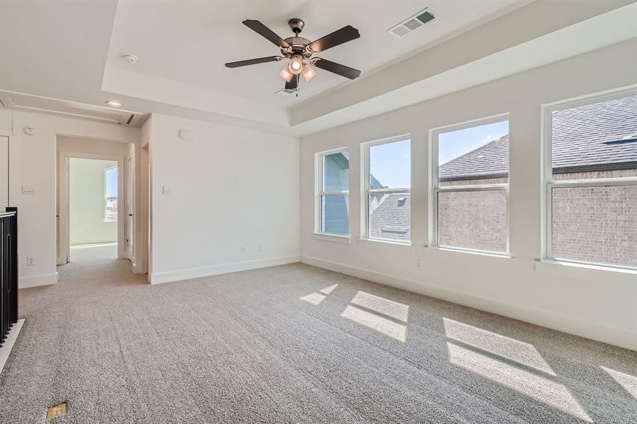 Carpeted empty room with ceiling fan and a raised ceiling