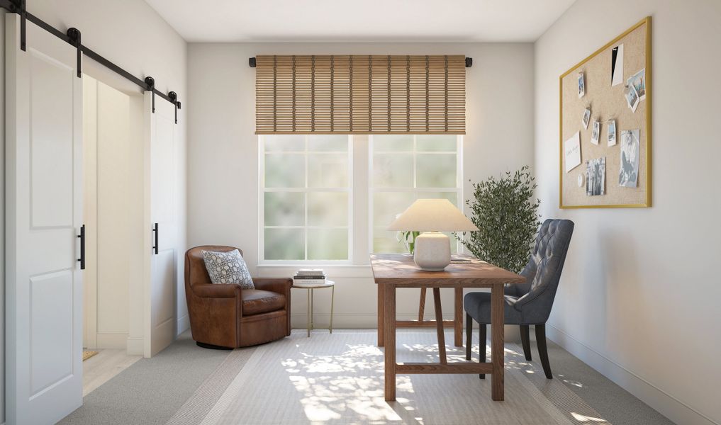 Private home office with double barn doors Private home office with double barn doors