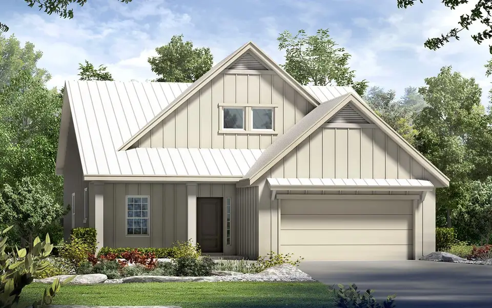 View of front of property with board and batten siding, a standing seam roof, driveway, and metal roof View of front of property with board and batten siding, a standing seam roof, driveway, and metal roof