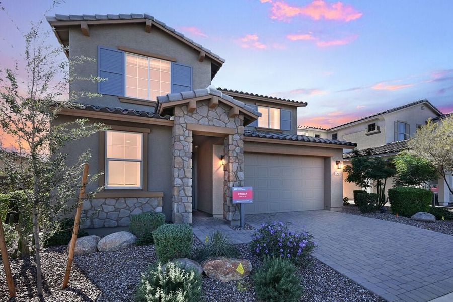Representative exterior photo of a completed home built from the Paisley by Taylor Morrison in La Mira Discovery Collection, Mesa, AZ (Image 24). Representative exterior photo of a completed home built from the Paisley by Taylor Morrison in La Mira Discovery Collection, Mesa, AZ (Image 24).