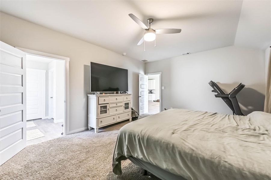 Bright and serene primary suite with plush carpet, sloped ceiling, and large windows overlooking the backyard.