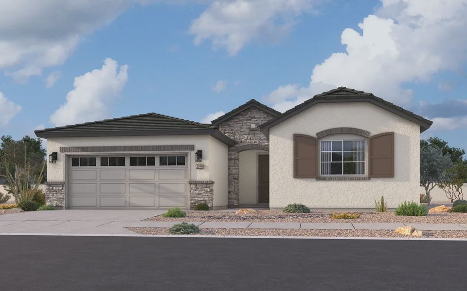 Front exterior of a new home in Forté at Granite Vista, Waddell, AZ, highlighting curb appeal (Image 16).