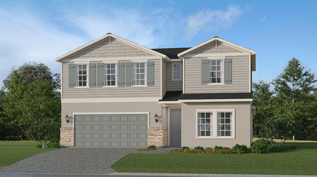 Front exterior of a new home in Portico: Executive homes, Fort Myers, FL, highlighting curb appeal (Image 1).