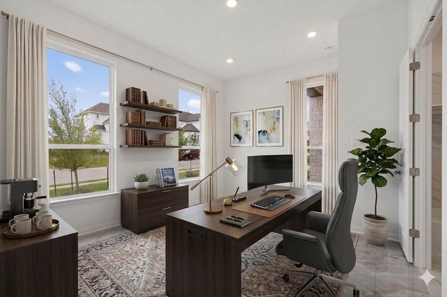 Virtually Staged -dedicated workspace featuring recessed lighting, multiple windows with neutral drapes, and built-in floating shelves