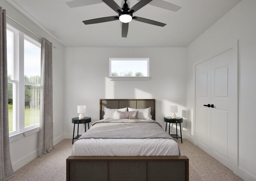 A bright bedroom with a modern, minimalist design features a neatly made bed between two round nightstands. Large windows with gray curtains let in natural light, creating a serene atmosphere.