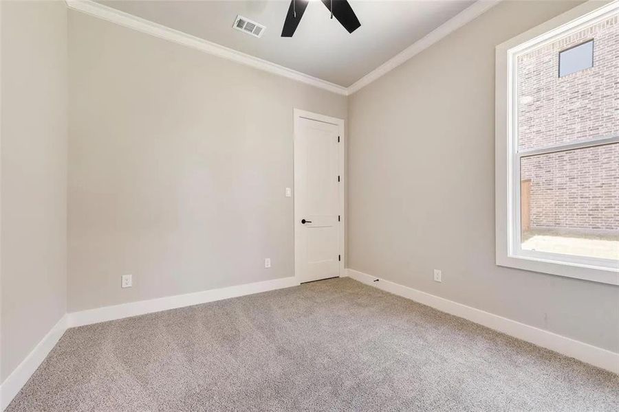 Spare room featuring ornamental molding, light colored carpet, and ceiling fan
