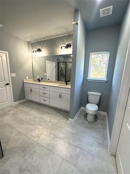 Bathroom with vanity, toilet, and a tile shower