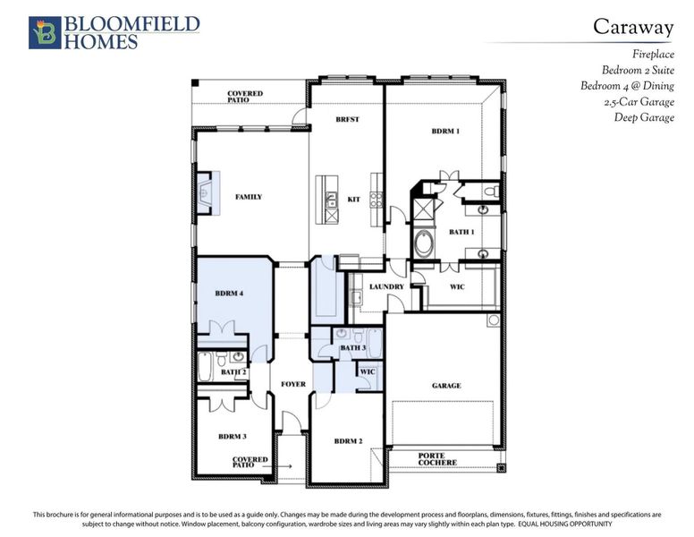 Bloomfield Homes Caraway floor plan with 4 bedrooms, 3 bathrooms, family room, kitchen, and 2.5-car garage.