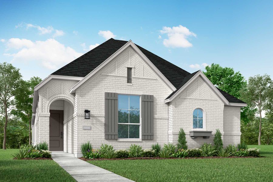 Representative exterior photo of a completed home built from the Hilton Plan by Highland Homes in Goodland: 40ft. lots, Midlothian, TX (Image 4). Representative exterior photo of a completed home built from the Hilton Plan by Highland Homes in Goodland: 40ft. lots, Midlothian, TX (Image 4).