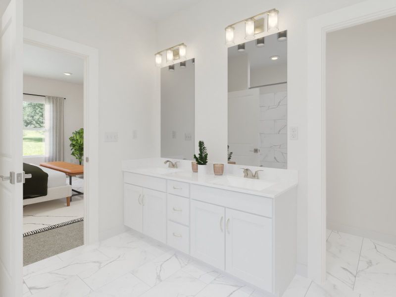 The primary bathroom offers dual vanity sinks and a walk-in shower.