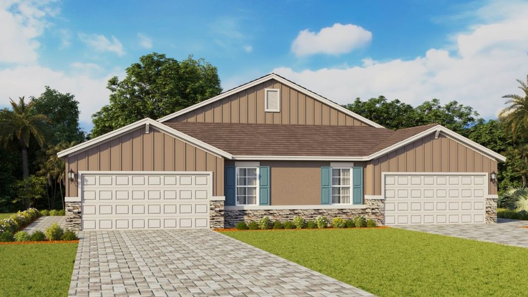 Front exterior of a new home in Palmetto Landing at Babcock Ranch Express, Punta Gorda, FL, highlighting curb appeal (Image 1).