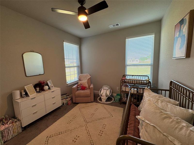 Carpeted bedroom with ceiling fan Carpeted bedroom with ceiling fan