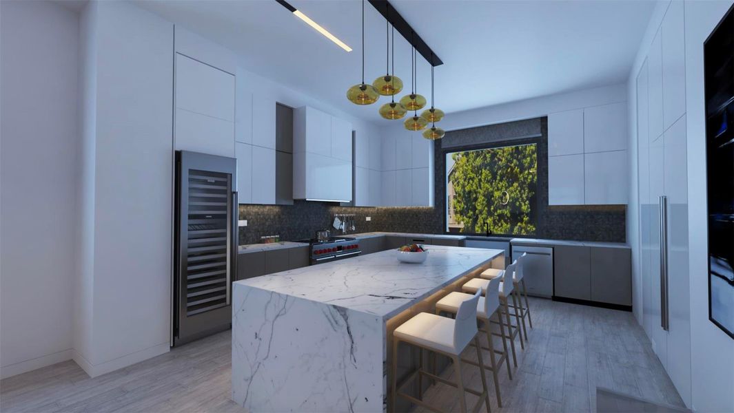 This modern kitchen features sleek cabinetry, a large marble island with bar seating, and stainless steel appliances. Ample natural light streams through a large window, highlighting the elegant pendant lighting and spacious layout. Perfect for entertaining and cooking. This modern kitchen features sleek cabinetry, a large marble island with bar seating, and stainless steel appliances. Ample natural light streams through a large window, highlighting the elegant pendant lighting and spacious layout. Perfect for entertaining and cooking.