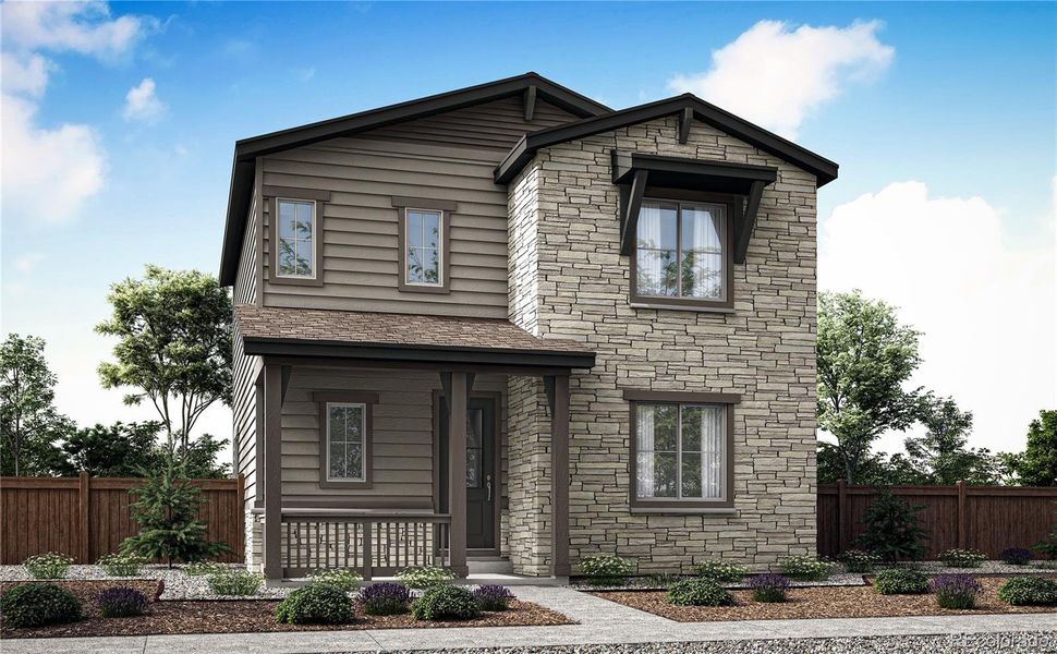 Front exterior of a new home in Crescendo at The Aurora Highlands, Aurora, CO, highlighting curb appeal (Image 6).