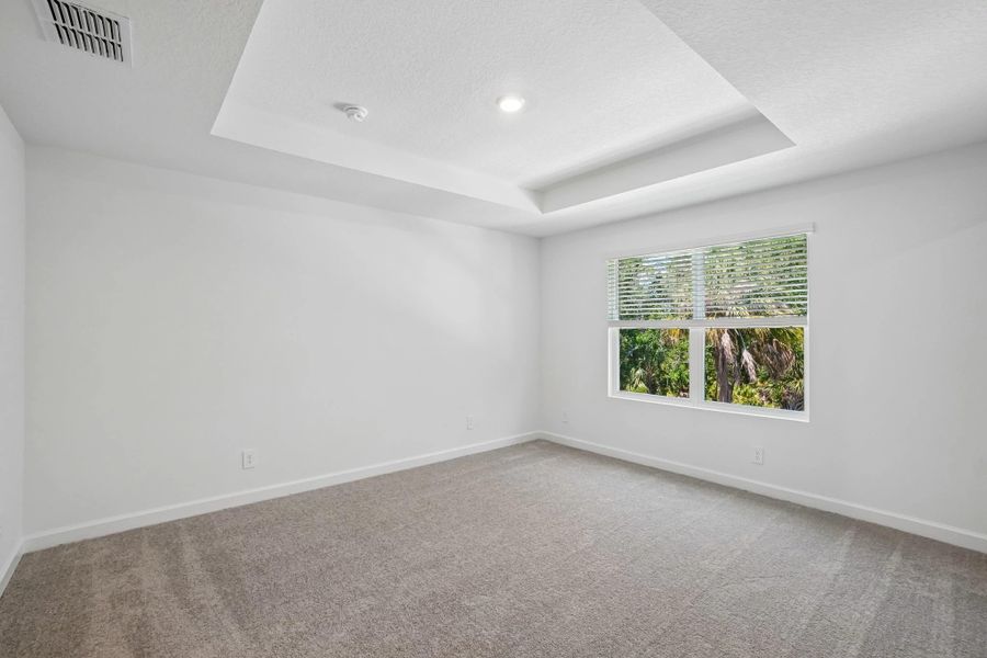 Primary bedroom with a tray ceiling and a beautiful view of the trees behind the townhome Primary bedroom with a tray ceiling and a beautiful view of the trees behind the townhome