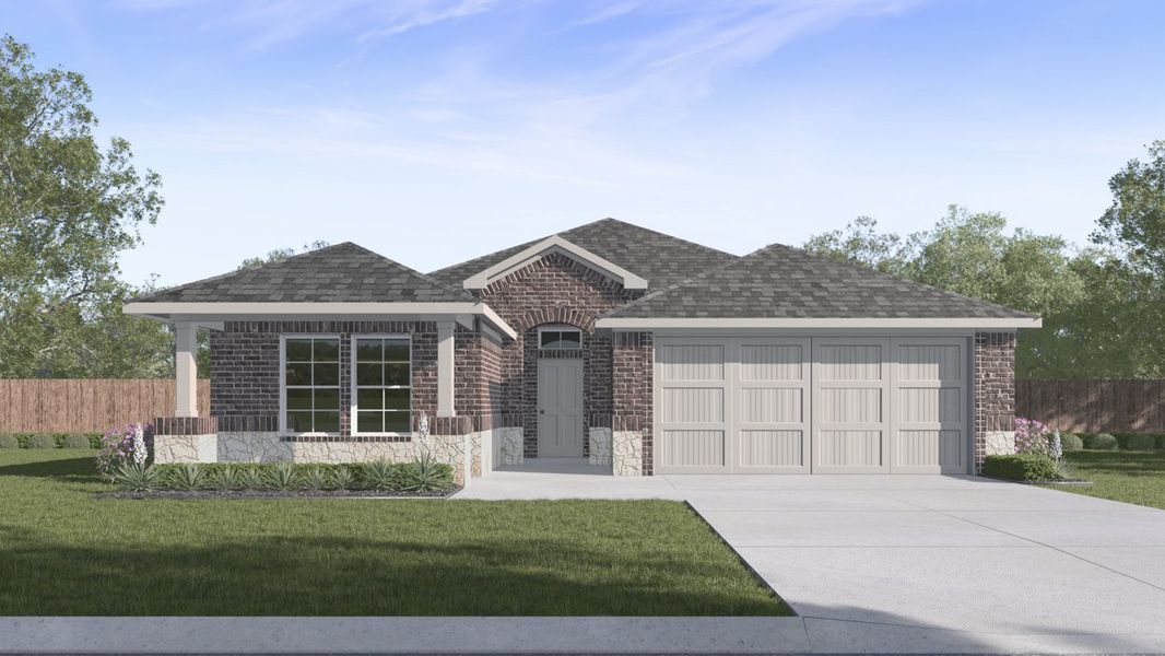 Front exterior of a new home in Saddlebrook, Waxahachie, TX, highlighting curb appeal (Image 1). Front exterior of a new home in Saddlebrook, Waxahachie, TX, highlighting curb appeal (Image 1).