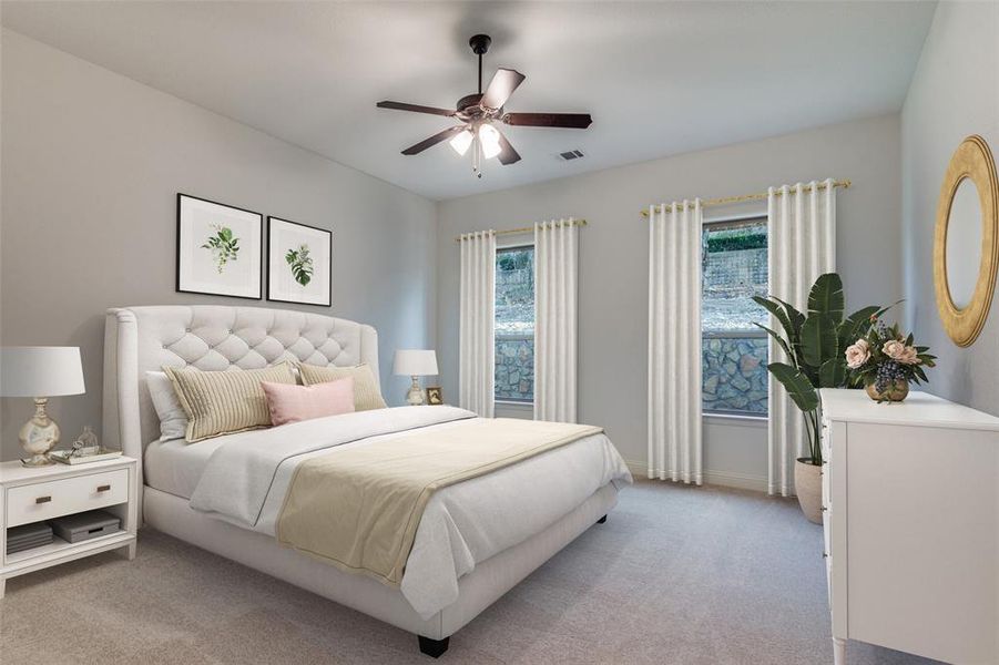 Bedroom with baseboards, visible vents, ceiling fan, and light colored carpet