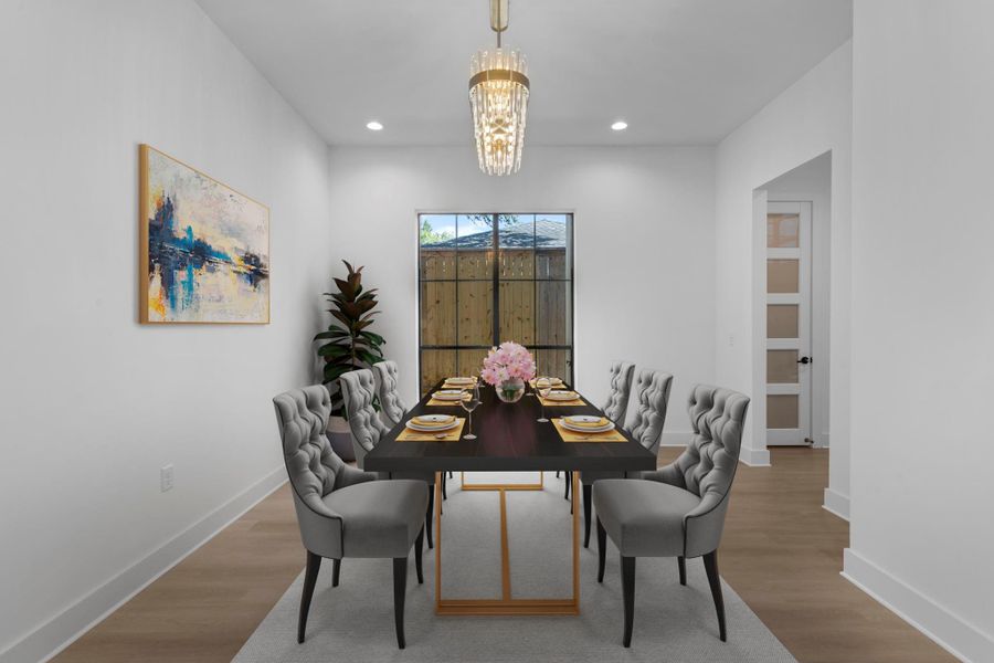 Virtually Staged: Dine in elegance under the beautiful chandelier in this stunning dining room - highlighting a large window, and engineered wood floors. Virtually Staged: Dine in elegance under the beautiful chandelier in this stunning dining room - highlighting a large window, and engineered wood floors.