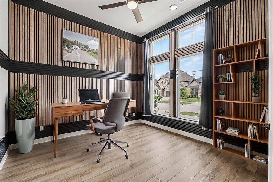 Office with exceptional custom wood trim