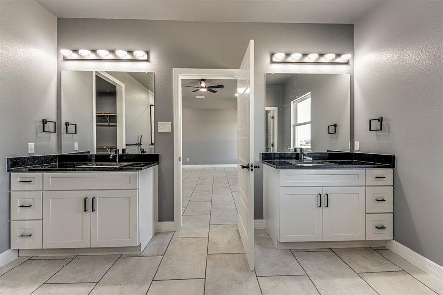 Bathroom featuring ceiling fan, tile patterned flooring, and vanity