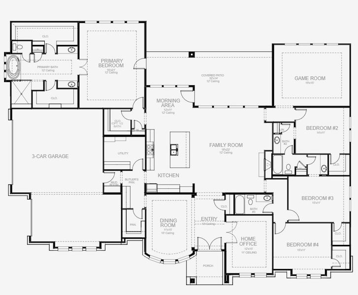 2D floor plan layout for the 3494S by Perry Homes in Thornebrook 1 Acre, Bulverde, TX (Image 3).