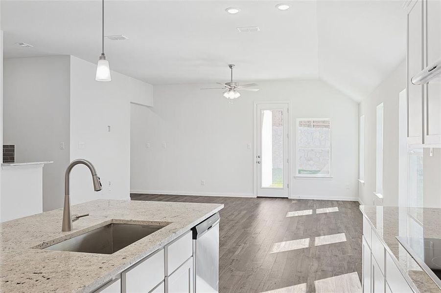 Kitchen featuring light stone countertops, dark hardwood / wood-style flooring, stainless steel dishwasher, sink, and white cabinetry