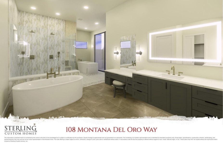Full bath with a soaking tub, double vanities, cold plunge sauna (behind large walk-in shower) and soaking tub.  Sliders that open to private outdoor area with an outdoor shower.