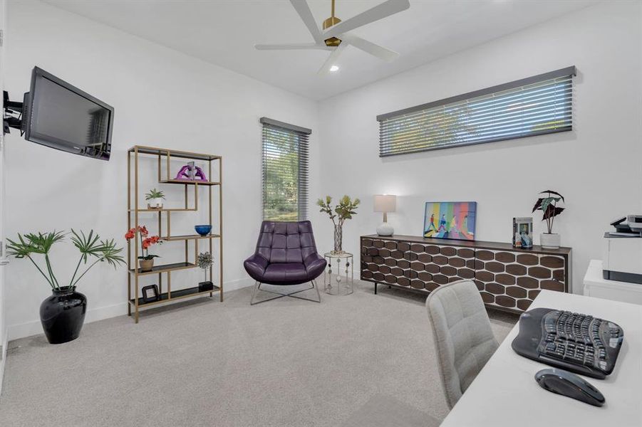 Office with carpet, recessed lighting, and ceiling fan